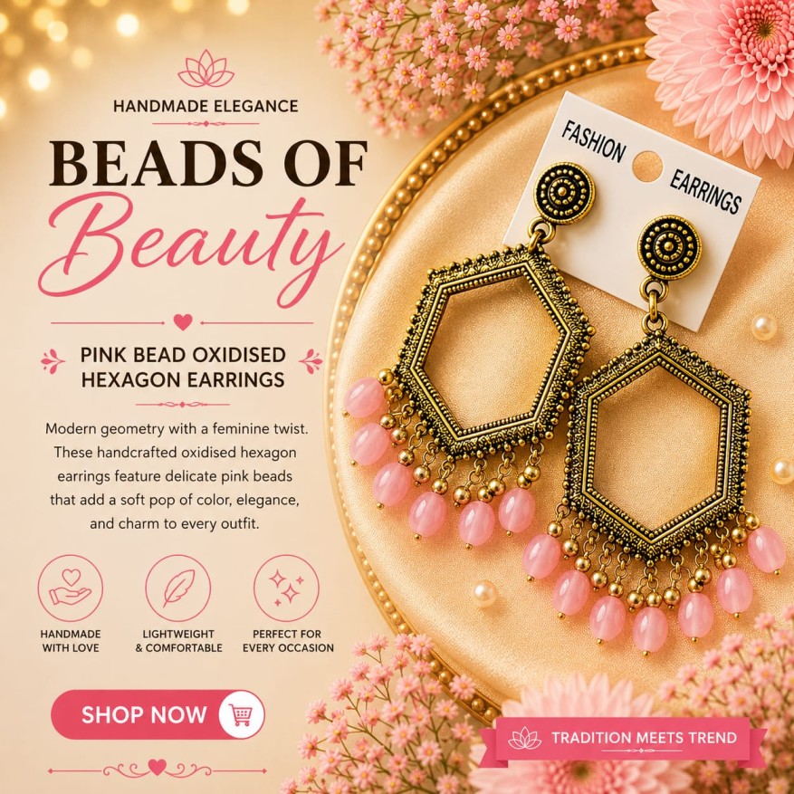 Pink Bead Hexagon Earrings (Antique Gold)
