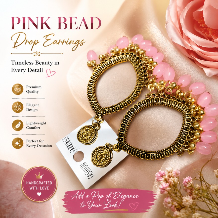 Pink Bead Eye Shaped Frame Earrings (Antique Gold)