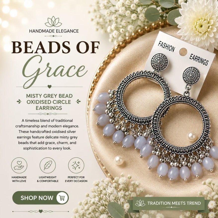 Misty Grey Bead Oxidised Circle Earrings