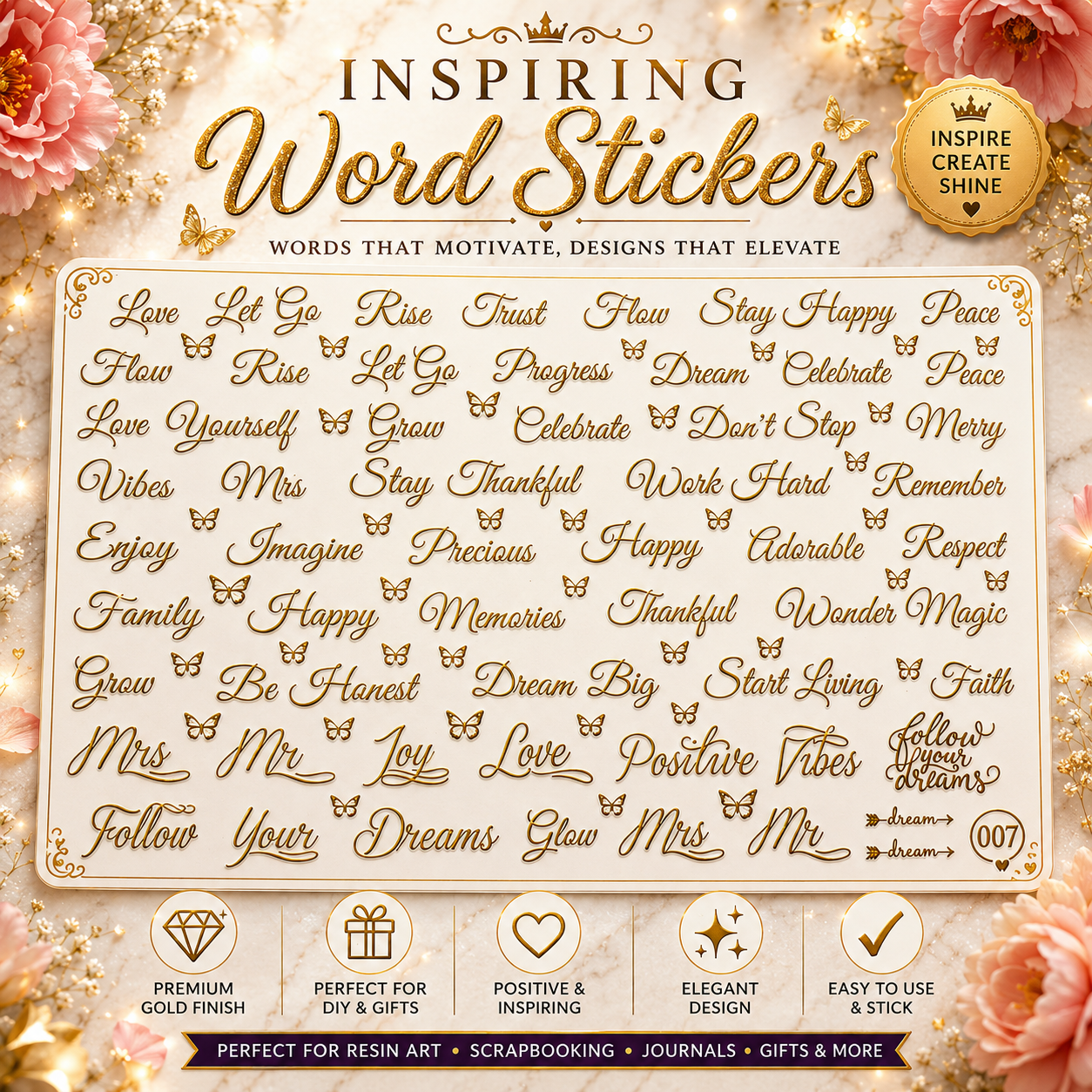 Premium Gold Word Embossed Non-Peel-Off Stickers